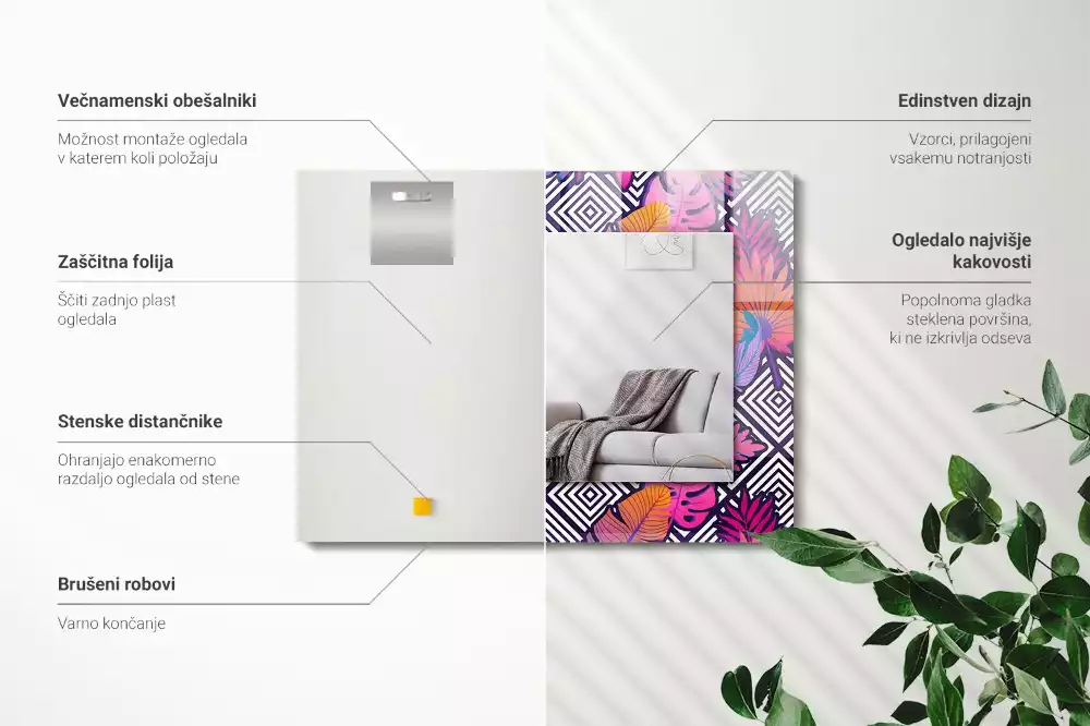 Lustro dekoracyjne prostokątne barwne liście tropikalne
