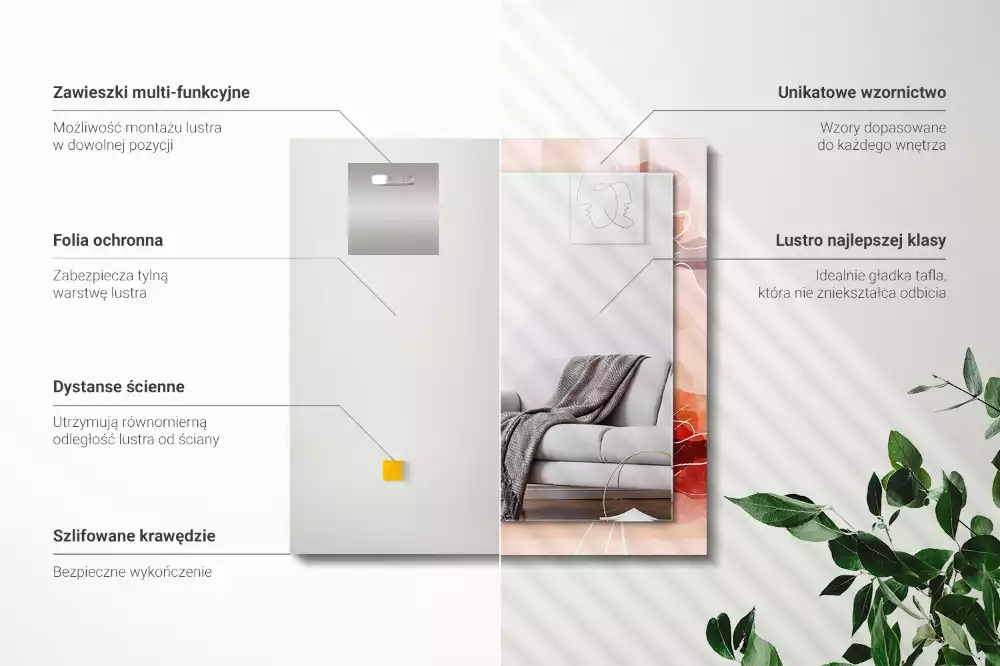 Lustro z drukowaną ramką prostokątne abstrakcyjne motywy kwiatowe