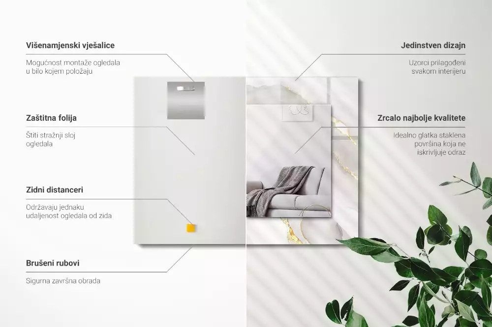 Lustro ramka z nadrukiem prostokątne szary marmur