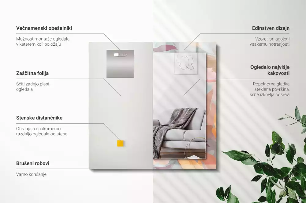 Lustro z nadrukiem prostokątne pastelowe kwiaty i liście
