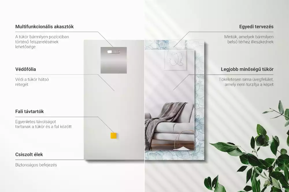 Lustro z nadrukiem prostokątne kwiaty w niebieskim deseniu