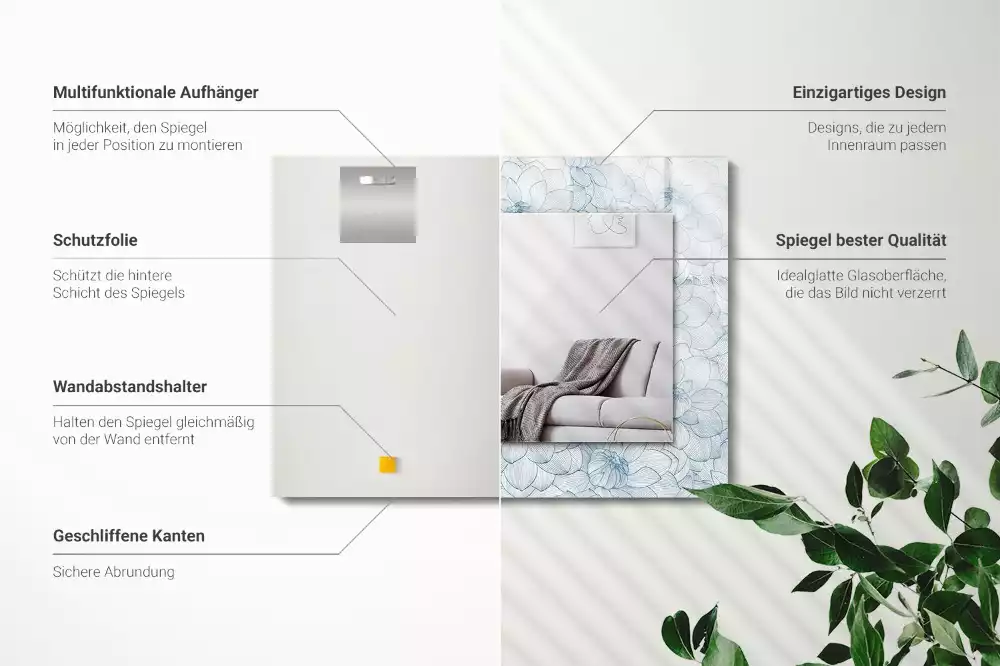 Lustro z nadrukiem prostokątne kwiaty w niebieskim deseniu