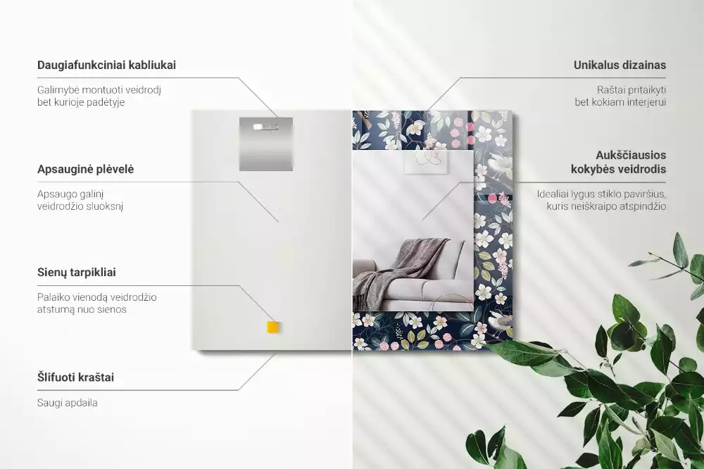 Lustro z nadrukiem prostokątne kwiaty liście i ptaki