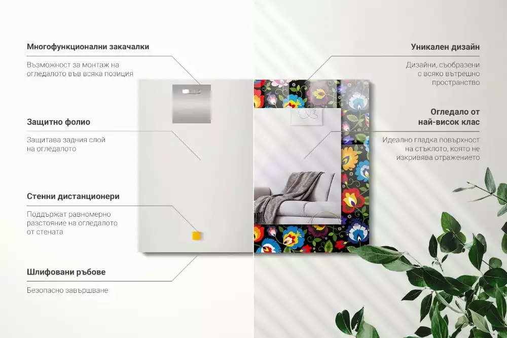 Lustro z nadrukiem dekoracyjne prostokątne barwne desenie ludowe