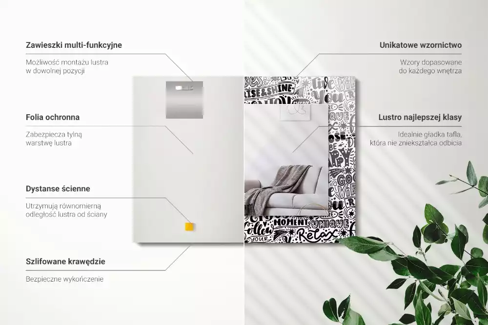 Lustro dekoracyjne prostokątne ręcznie pisane hasła motywacyjne