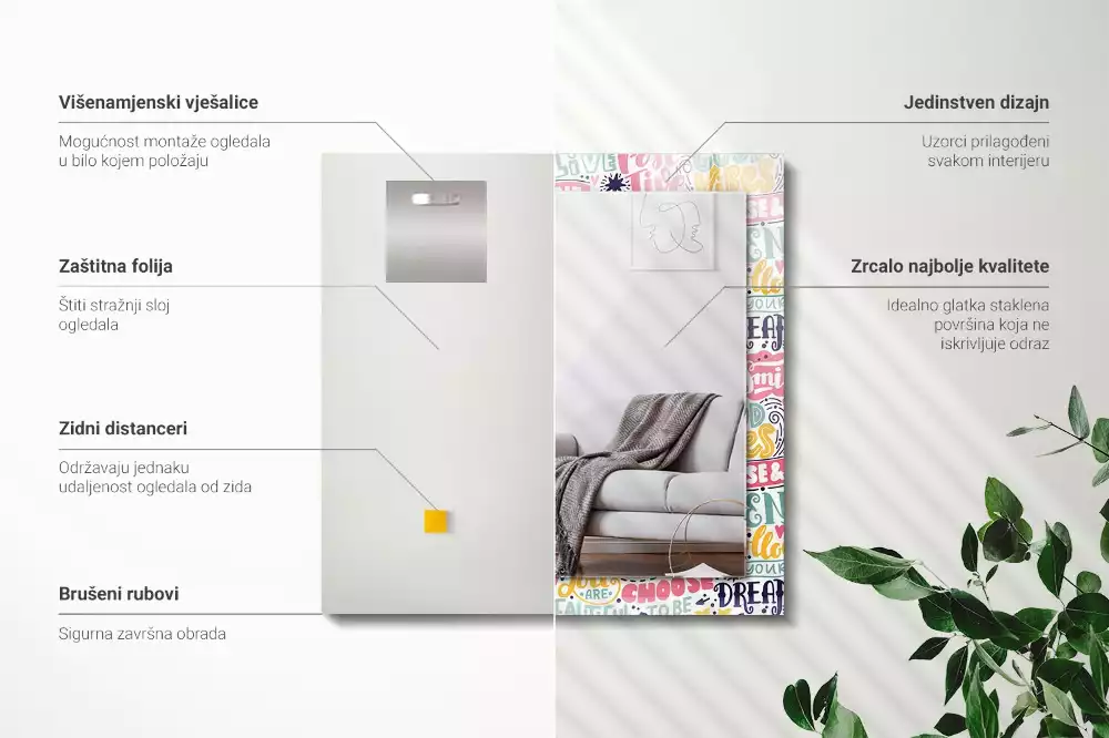 Lustro z nadrukiem prostokątne kolorowe napisy motywacyjne