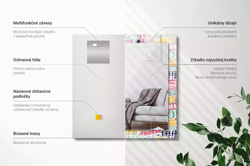 Lustro z nadrukiem prostokątne kolorowe napisy motywacyjne