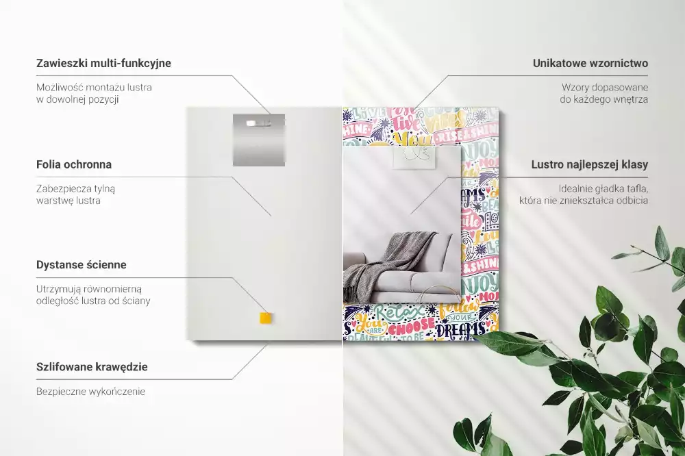 Lustro z nadrukiem prostokątne kolorowe napisy motywacyjne