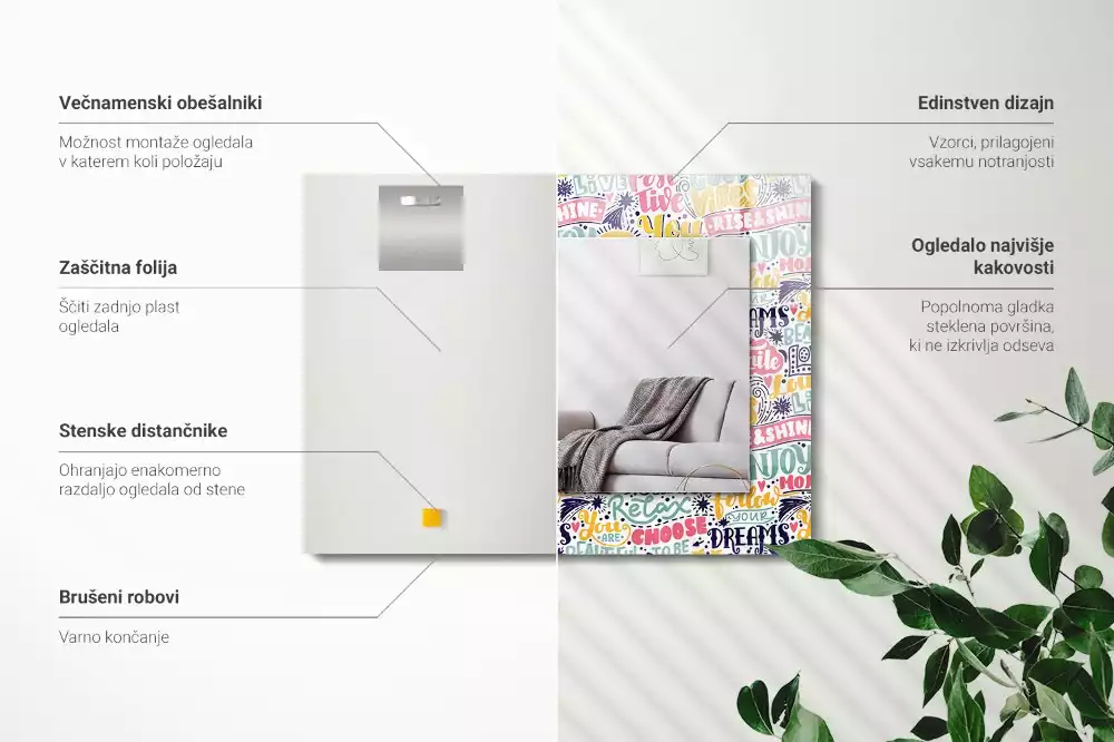 Lustro z nadrukiem prostokątne kolorowe napisy motywacyjne