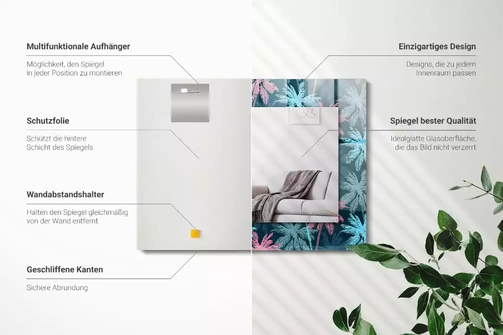 Lustro z nadrukiem dekoracyjne prostokątne barwny deseń w palmy
