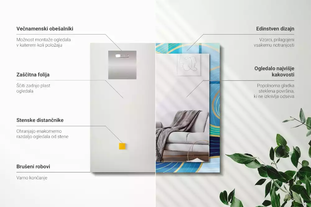 Lustro z nadrukiem prostokątne błękitne desenie faliste