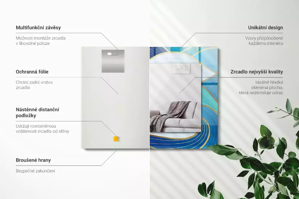 Lustro z nadrukiem prostokątne błękitne desenie faliste