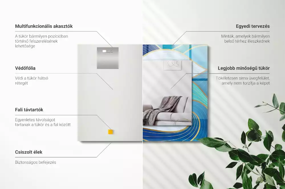 Lustro z nadrukiem prostokątne błękitne desenie faliste
