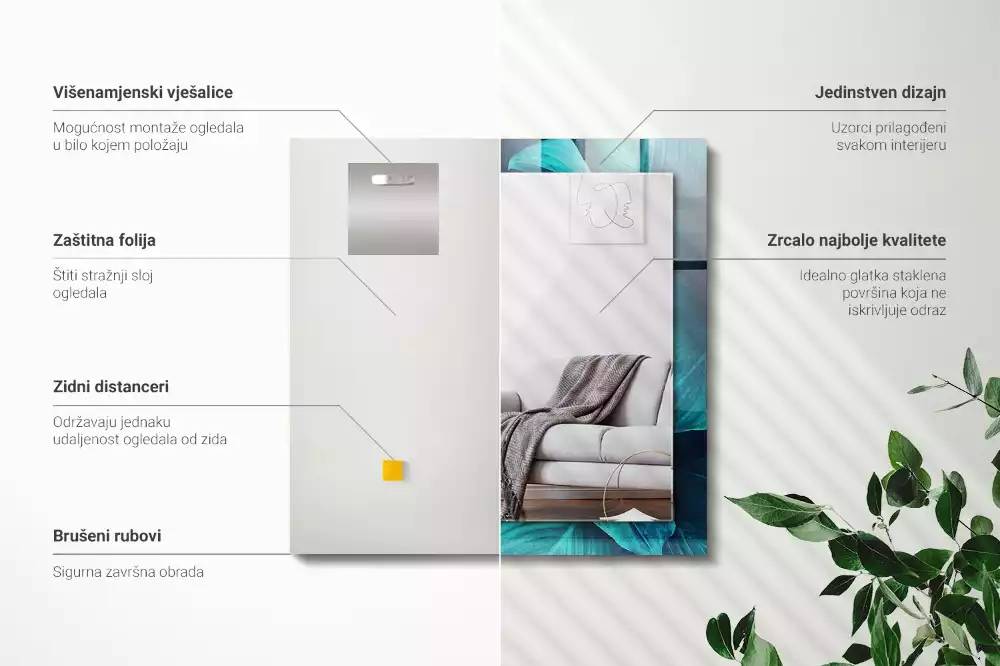 Lustro z nadrukiem prostokątne zielone liście