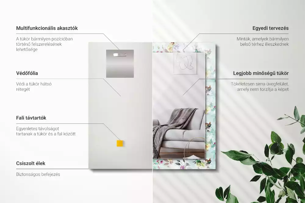 Lustro z nadrukiem dekoracyjne prostokątne motyw kwiatowy z ptakami