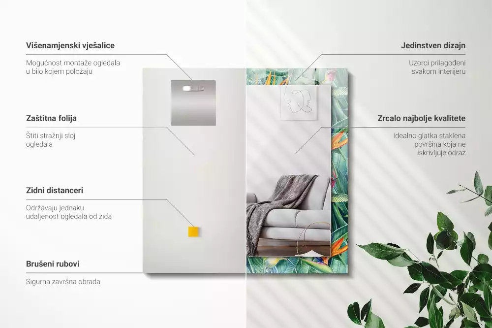 Lustro z nadrukiem prostokątne kolibry z kwiatami