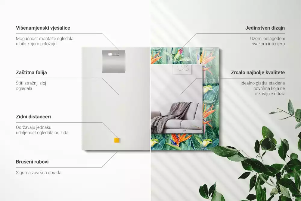 Lustro z nadrukiem prostokątne kolibry z kwiatami