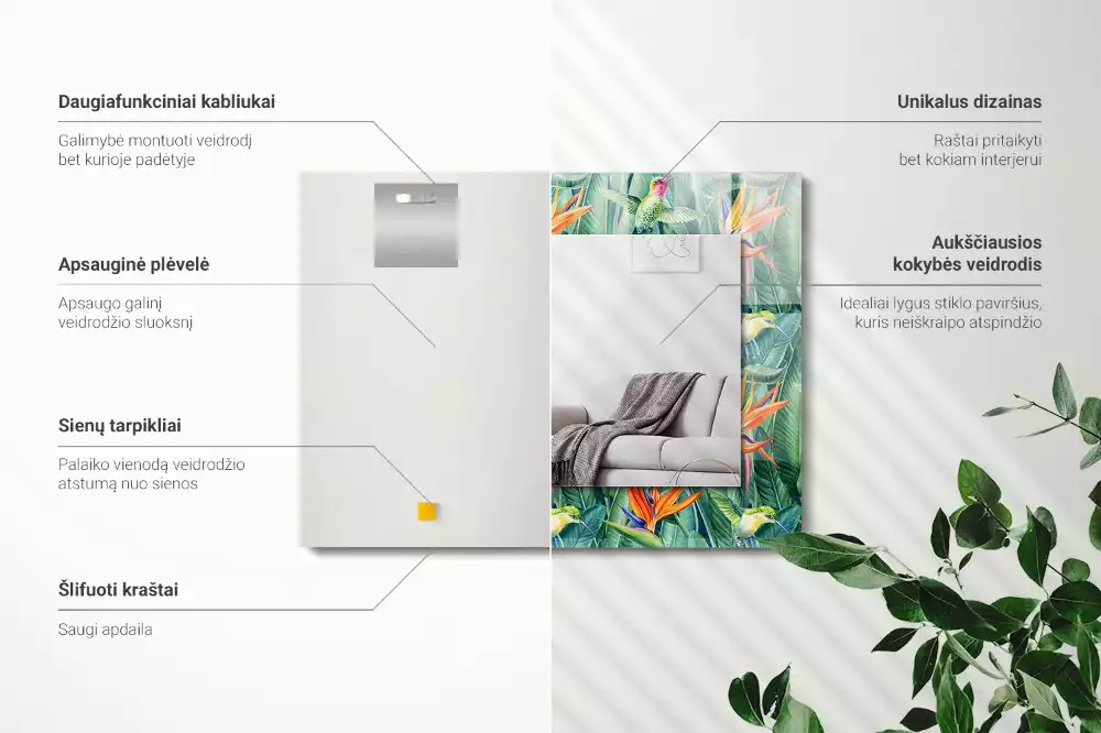 Lustro z nadrukiem prostokątne kolibry z kwiatami