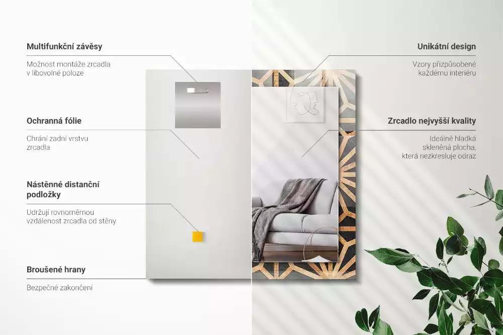 Lustro z nadrukiem dekoracyjne prostokątne drewniany deseń geometryczny