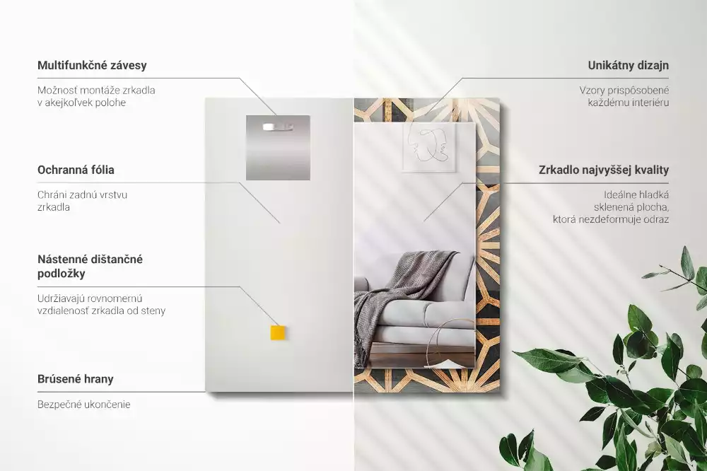 Lustro z nadrukiem dekoracyjne prostokątne drewniany deseń geometryczny
