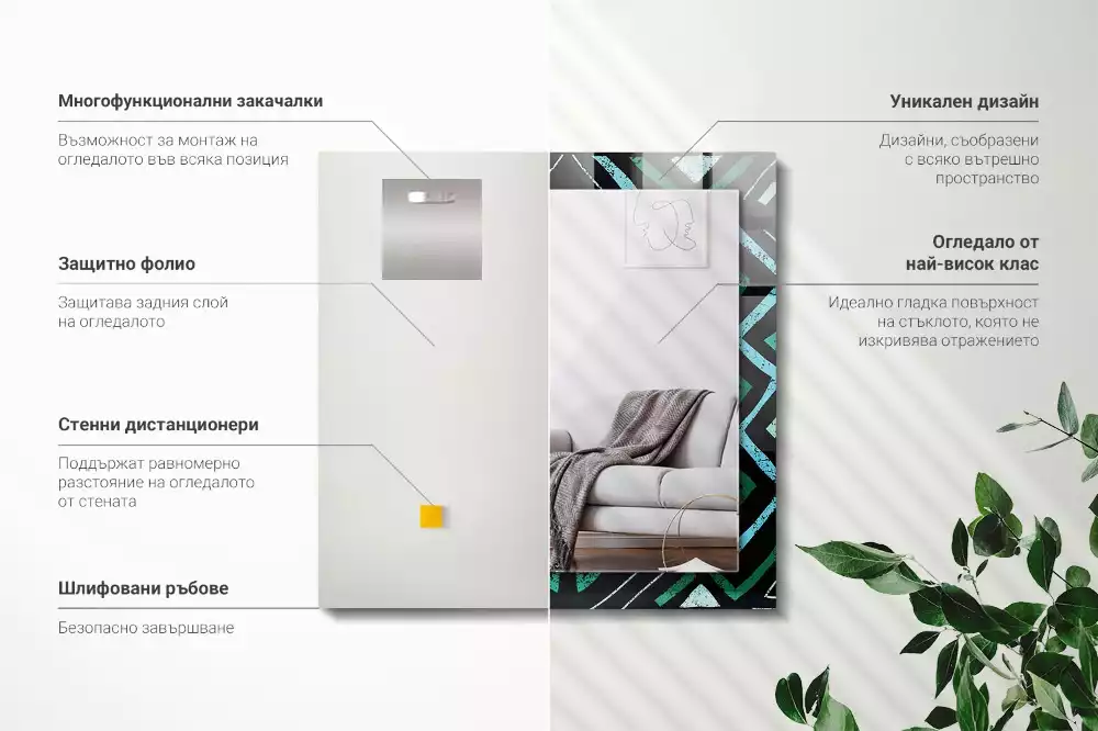 Lustro ramka z nadrukiem prostokątne turkusowy deseń geometryczny