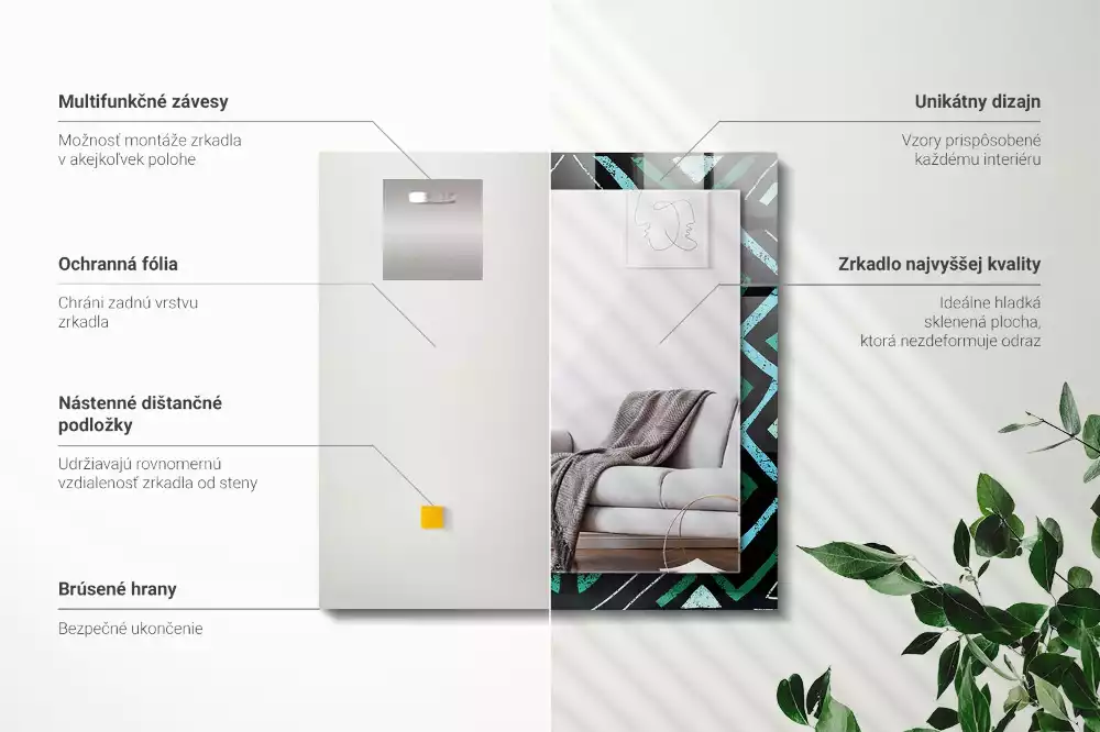 Lustro ramka z nadrukiem prostokątne turkusowy deseń geometryczny