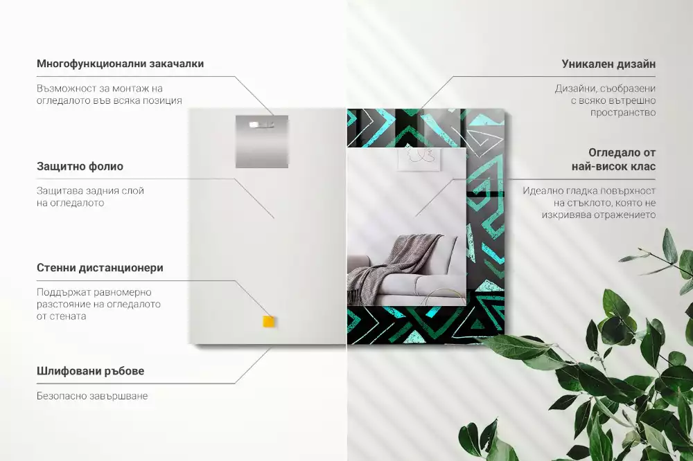 Lustro ramka z nadrukiem prostokątne turkusowy deseń geometryczny