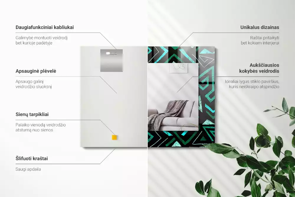 Lustro ramka z nadrukiem prostokątne turkusowy deseń geometryczny
