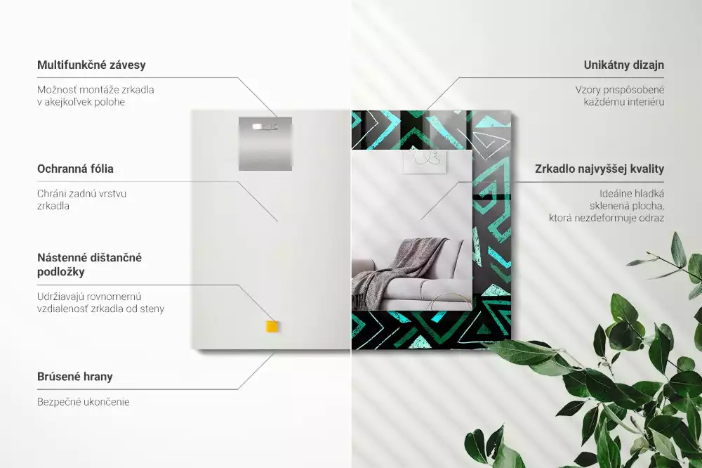 Lustro ramka z nadrukiem prostokątne turkusowy deseń geometryczny