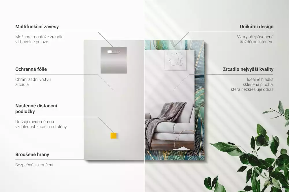 Lustro z drukowaną ramką prostokątne linie liści