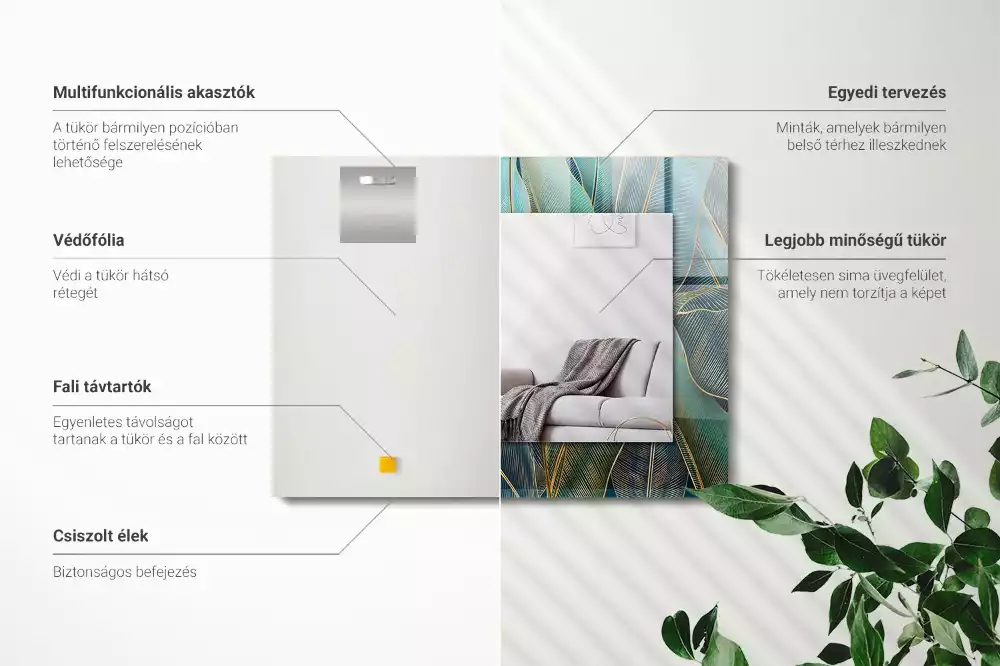 Lustro z drukowaną ramką prostokątne linie liści