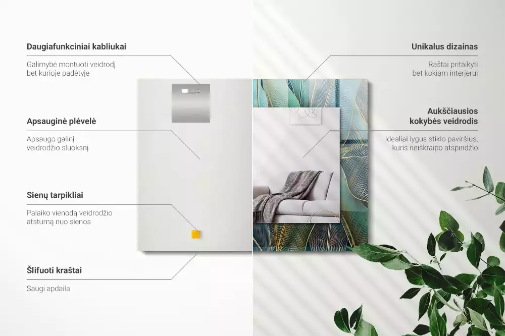 Lustro z drukowaną ramką prostokątne linie liści
