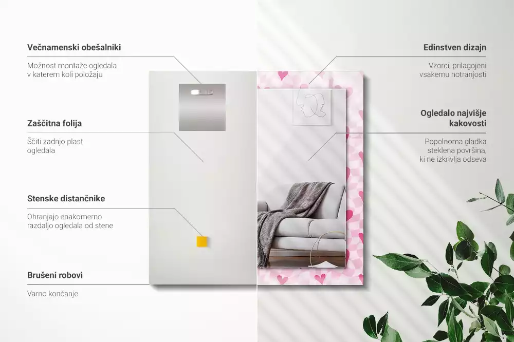 Lustro ramka z nadrukiem prostokątne różowe serduszka