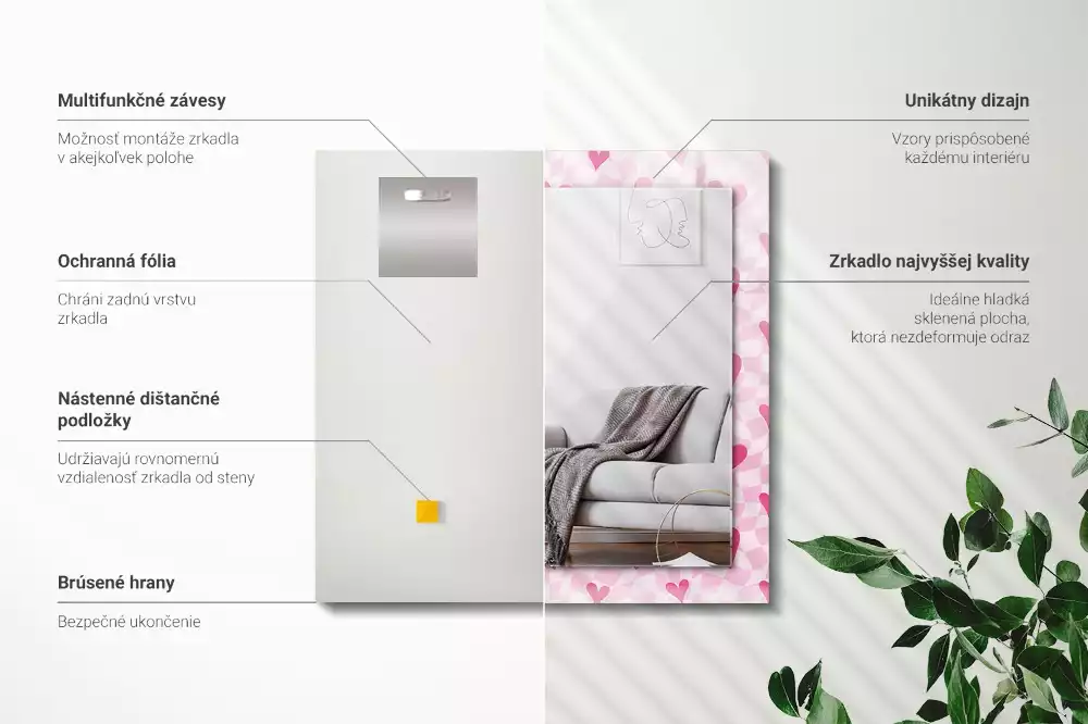 Lustro ramka z nadrukiem prostokątne różowe serduszka
