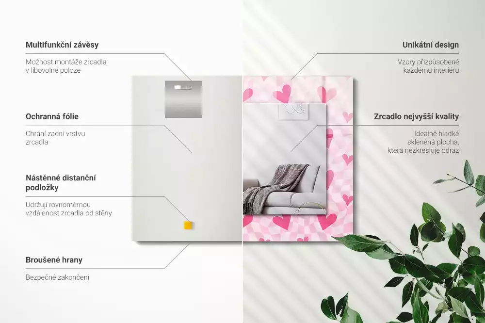 Lustro ramka z nadrukiem prostokątne różowe serduszka