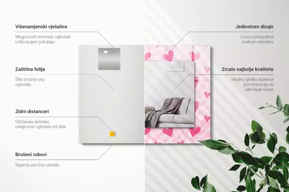 Lustro ramka z nadrukiem prostokątne różowe serduszka