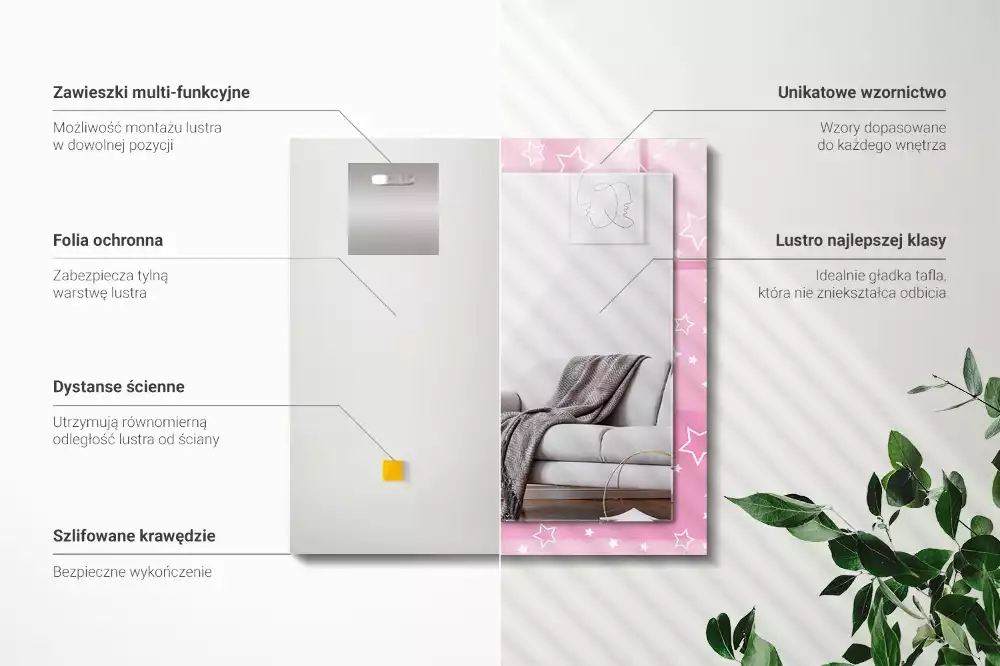 Lustro z drukowaną ramką prostokątne różowe gwiazdki