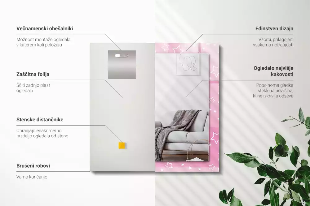 Lustro z drukowaną ramką prostokątne różowe gwiazdki