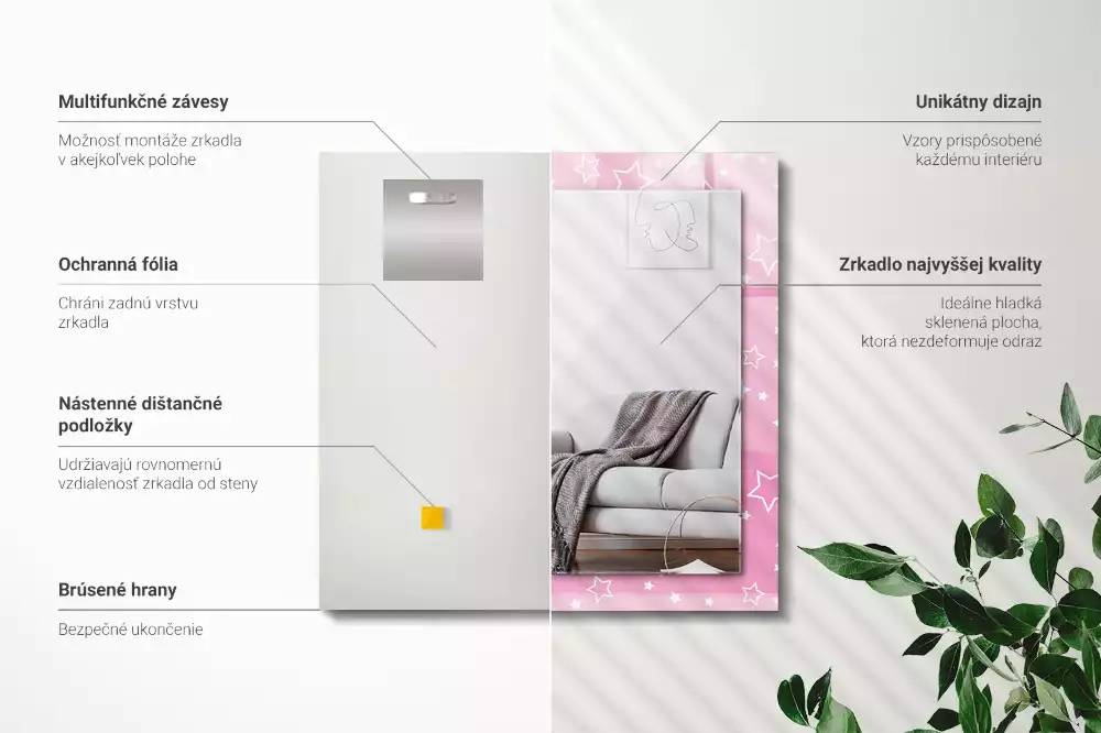 Lustro z drukowaną ramką prostokątne różowe gwiazdki