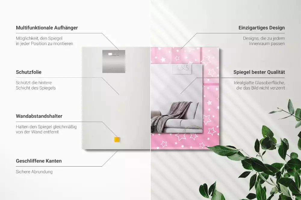 Lustro z drukowaną ramką prostokątne różowe gwiazdki