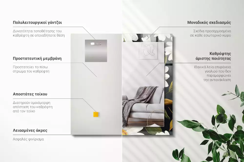 Lustro dekoracyjne prostokątne białe stokrotki z liśćmi