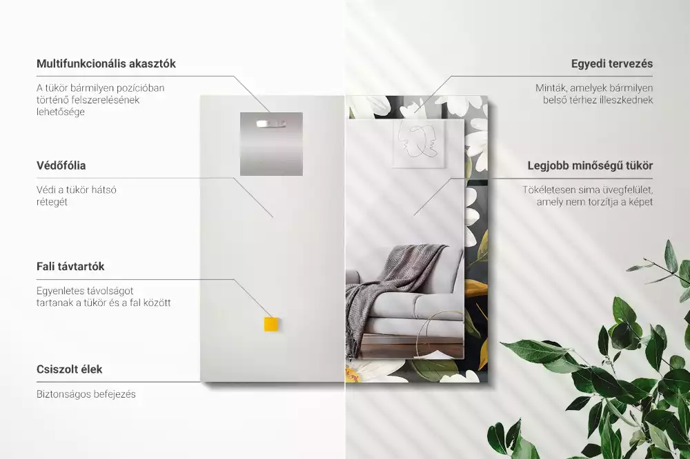 Lustro dekoracyjne prostokątne białe stokrotki z liśćmi