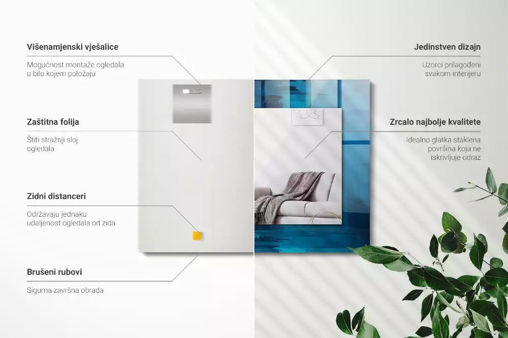 Lustro z drukowaną ramką prostokątne błękitna sztuka abstrakcyjna