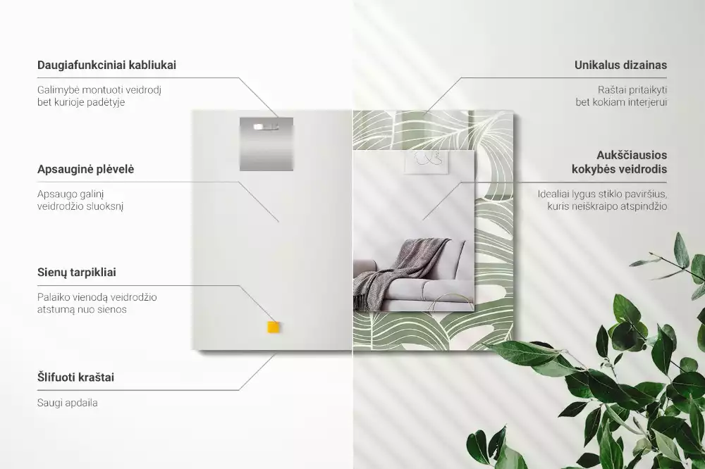 Lustro z nadrukiem prostokątne liście monstery