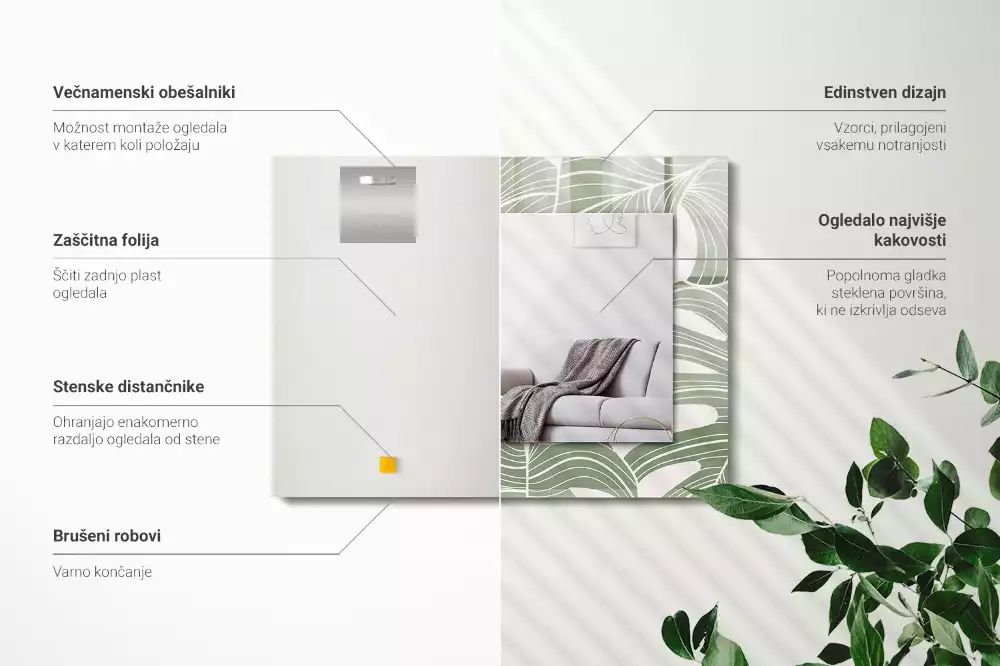 Lustro z nadrukiem prostokątne liście monstery