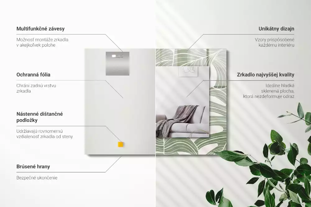 Lustro z nadrukiem prostokątne liście monstery