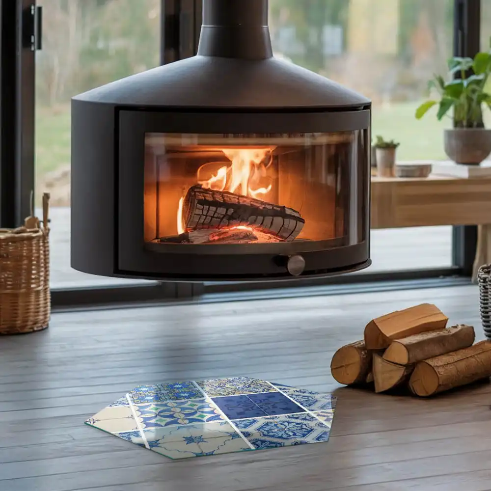Heksagonalna płyta pod piec wolnostojący z motywem płytek ceramicznych
