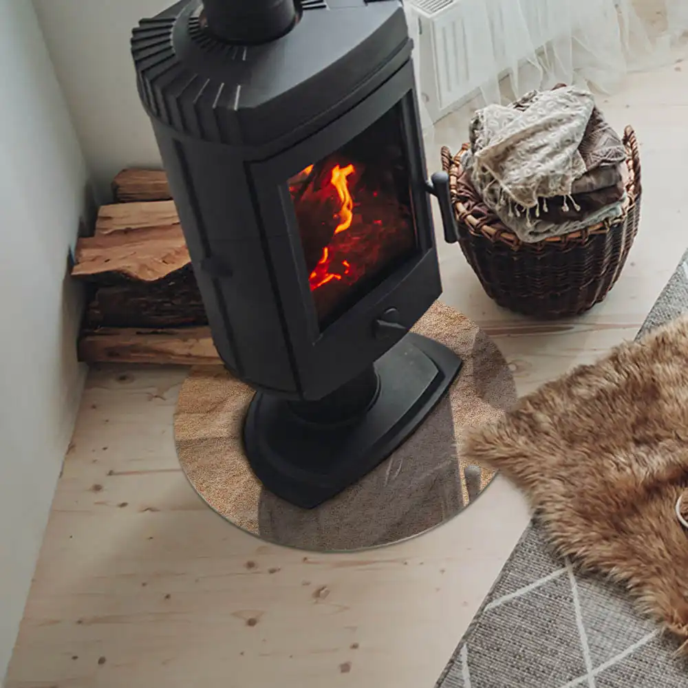 Szyba pod kominek narożny z naturalną strukturą kamienia