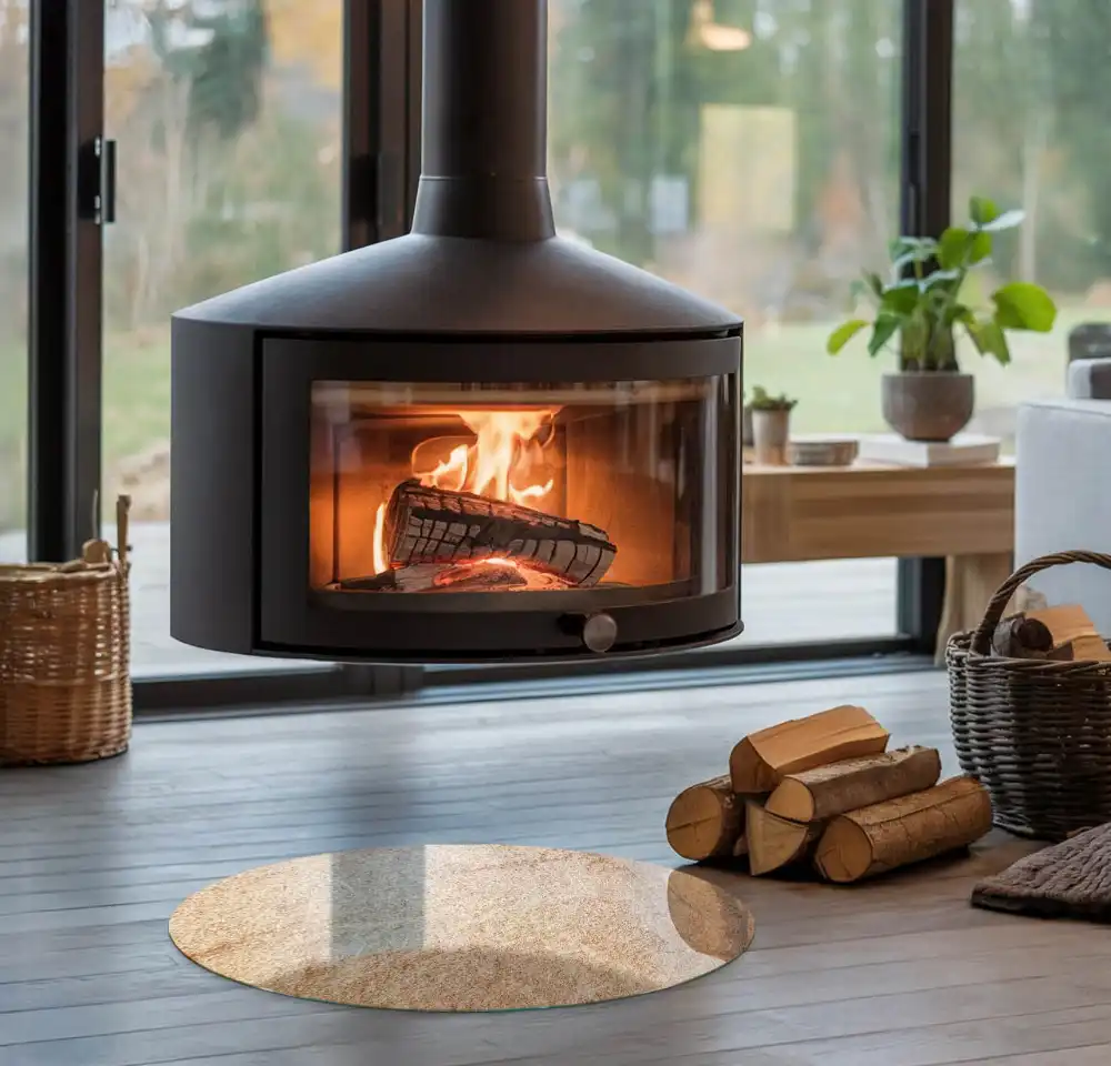 Szyba pod kominek narożny z naturalną strukturą kamienia