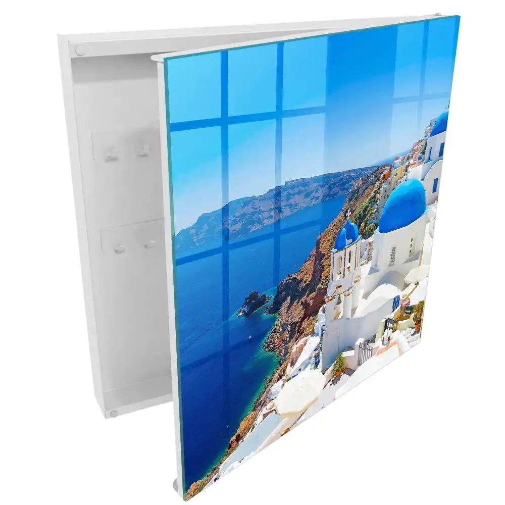Szafeczka na klucze białe budynki z niebieskimi kopułami nad morzem